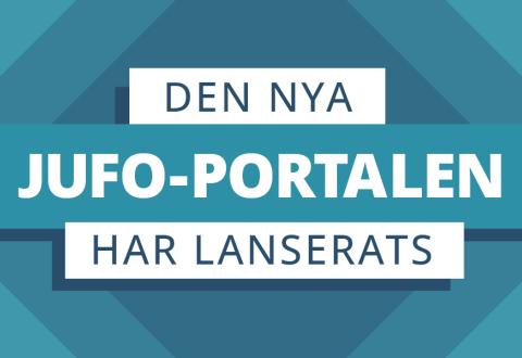 Dekorativ bild med en text "Den nya JUFO-portalen har lanserats".